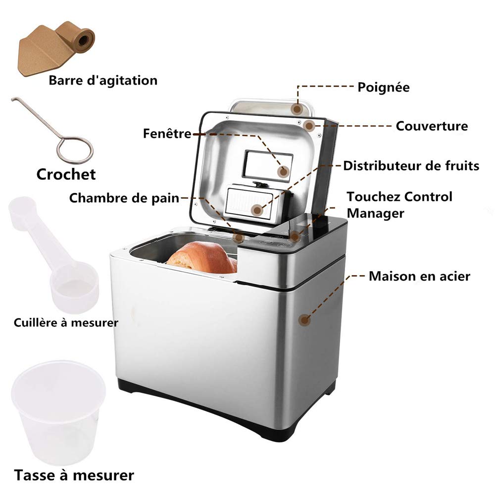 COOCHEER Machine à Pain 19 Programmes Automatique Antiadhésif Minuteur 15h Écran Rétro-éclairé Bleu sans BPA