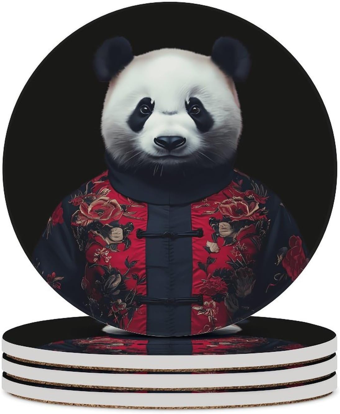 Chinese Panda Round Ceramic Coasters Print Drinks Absorbent with Cork Base for Home Decor Gifts 4 Inch