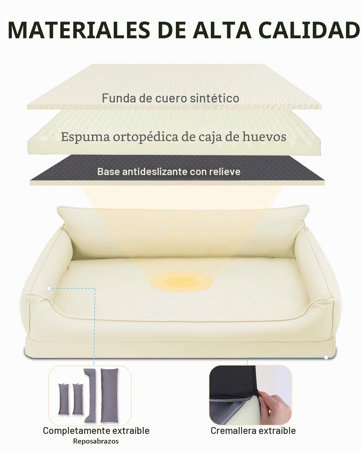 Ortopédica Cama Perro Grande–111x81cm, Beige Cuero Sintético Impermeable | Sofá Perro Desenfundable y Lavable, Cama para Perros 4 bordes altos, Colchon Perro Antideslizante