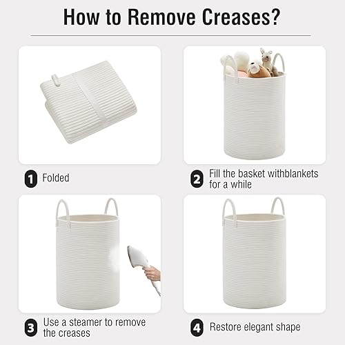Miniatura 7 de TECHMILLY - Cesta de lavandería de cuerda tejida blanca de 58 litros para almacenamiento de ropa, mantas, cesta de lavandería grande y alta para