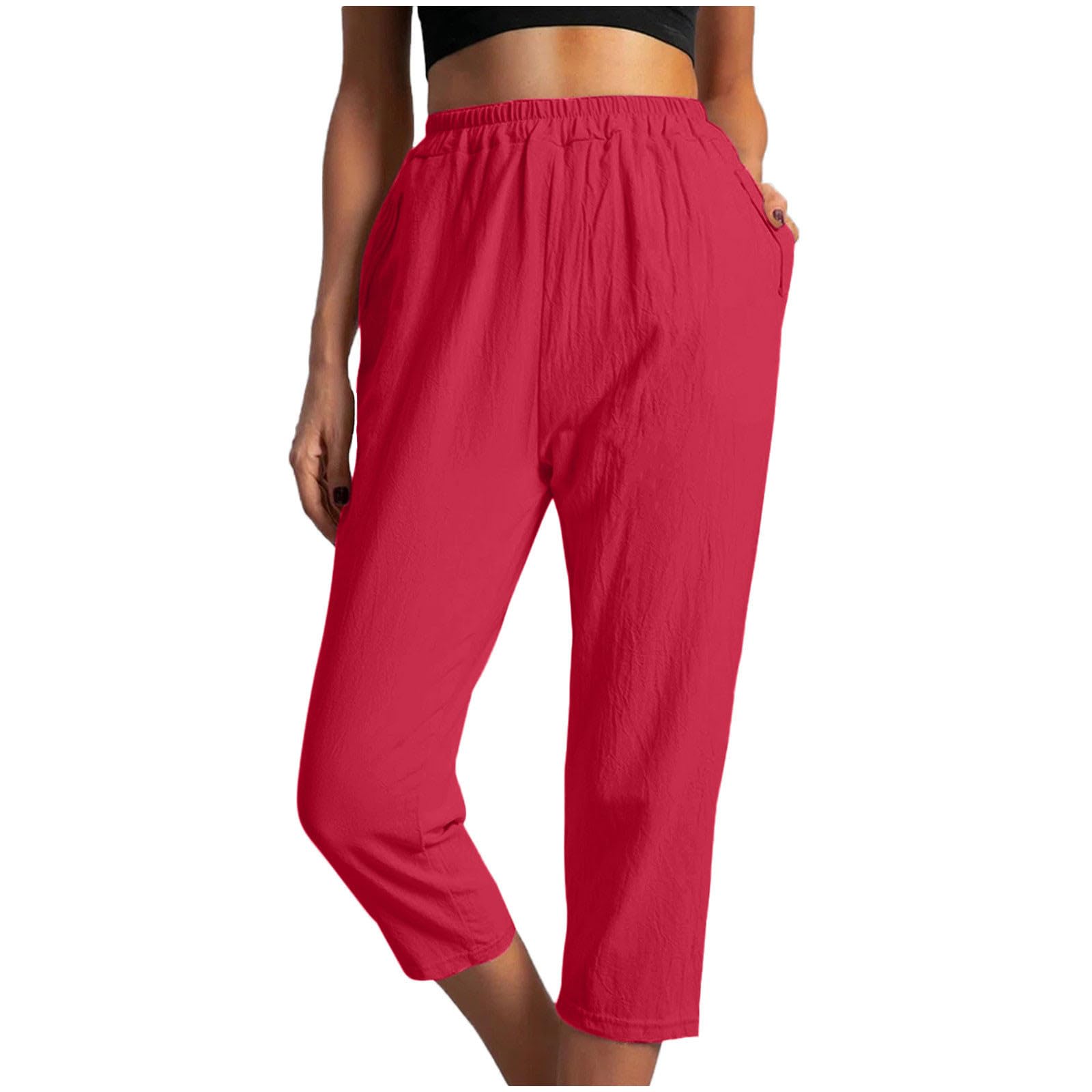 XUNRYAN Capris Women Casual Cotton Linen Capri Pants High Waist Cropped Trousers Comfy Loungwear Fashion Clothes Red
