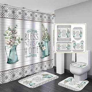 OLEBETY 4PCS Farmhouse Shower Curtain Set, Bless This Home Cotton Flower Teal Pitcher Vase Moroccan Country Rustic Bathroom Decor, Waterproof Fabric White Shower Curtain, Non-Slip Bath Mat Toilet Rug