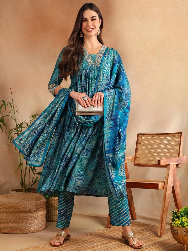 Image of Vaamsi Women's Silk Blend Ethnic Motifs Printed Anarkali Kurta Pant With Dupatta