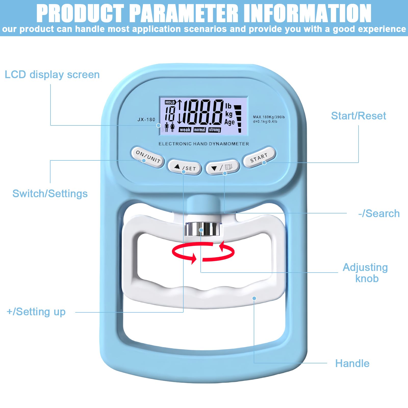 Appareil de mesure de la force de préhension électronique : 180 kg - Dynamomètre manuel numérique avec écran LED - Entraîneur de force avec câble de charge USB - Bleu