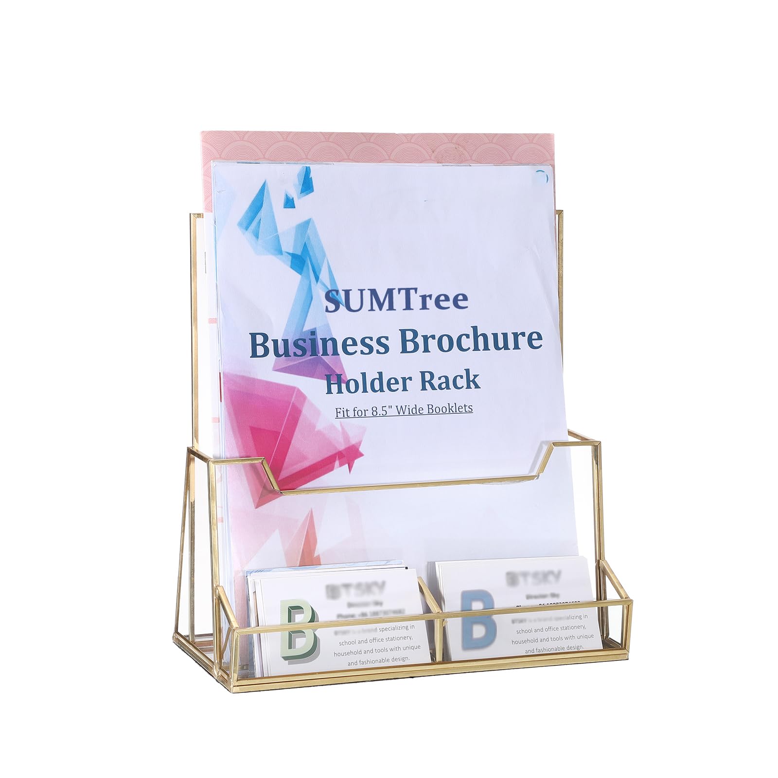 SUMTree Gold Metal Glass Brochure Holder Stand with Business Card Holder Countertop literature Holder Display Stand Pamphlets Flyers Storage Holder, 23 * 11 * 24cm