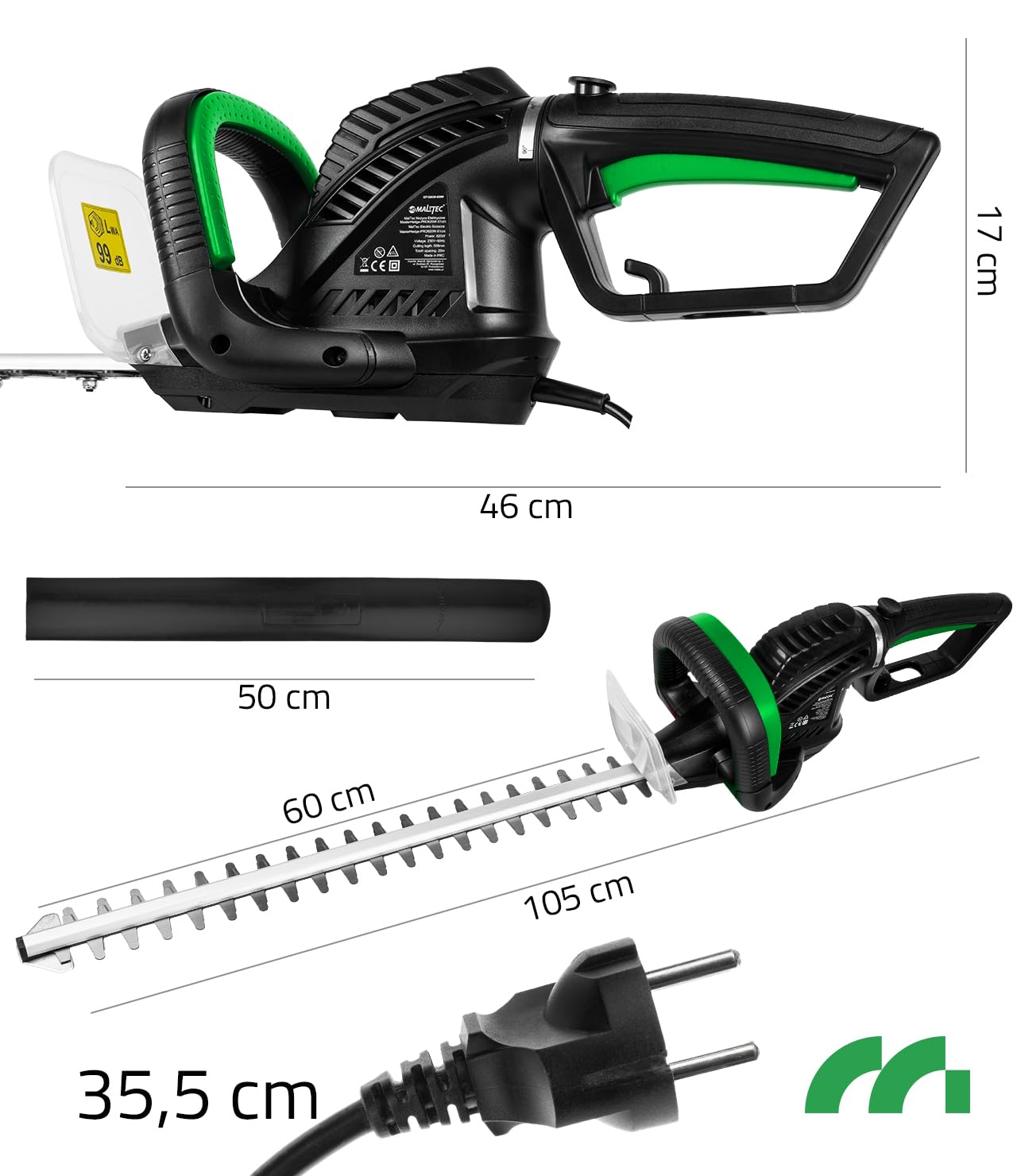 MalTec Elektrische Heckenschere 1800W, 61cm Schnittlänge, Handschutz, Schwertschutz und Schutzbrille im Set, Drehzahl 1700 U/min