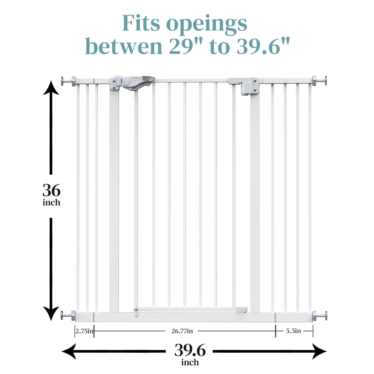 InnoTruth Baby Gate 29–39.6" Wide, 36" Tall Dog Gate for Stairs and Doorways, Pressure Mounted Metal Pet Gate with Dual Lock, Easy Walk-Through and Expandable Design, White