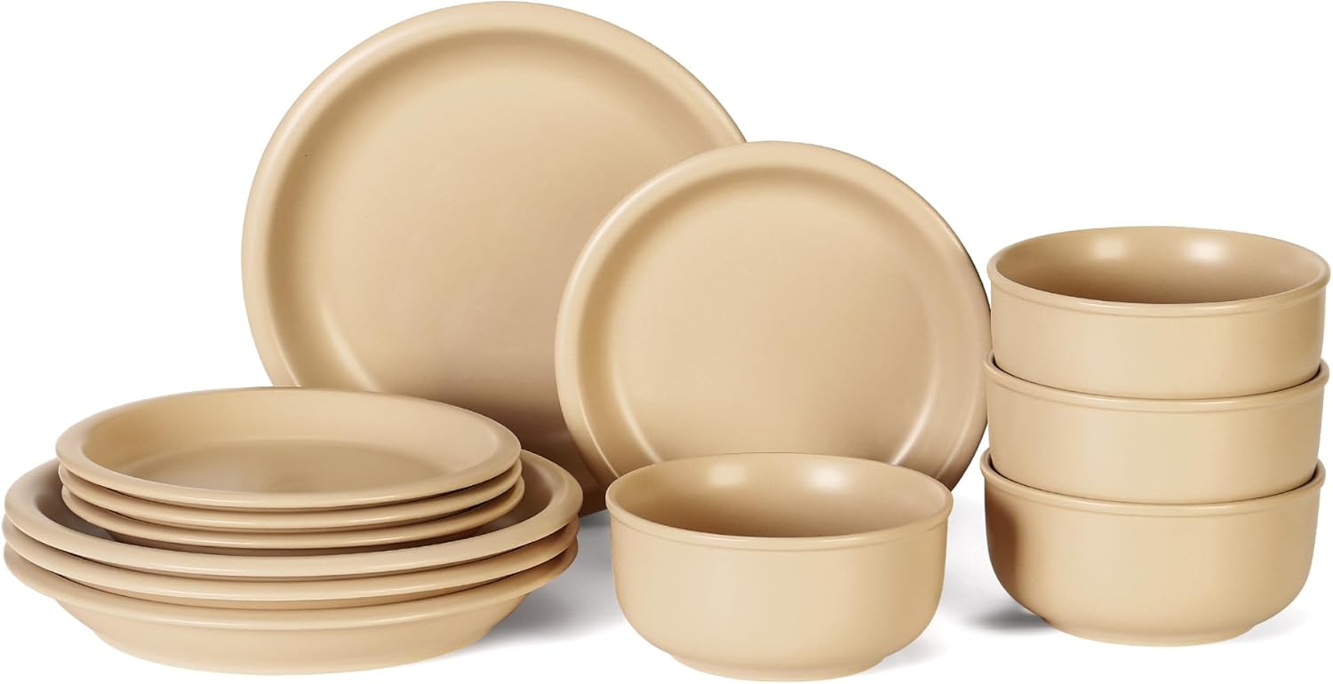 GZG Vintage Series - Ceramic Dinnerware Set for 4, 12 Pieces Stoneware Plates and Bowls Set, Lead-Free, Handcrafted Dishes Set, Microwave & Dishwasher Safe - Warm Apricot