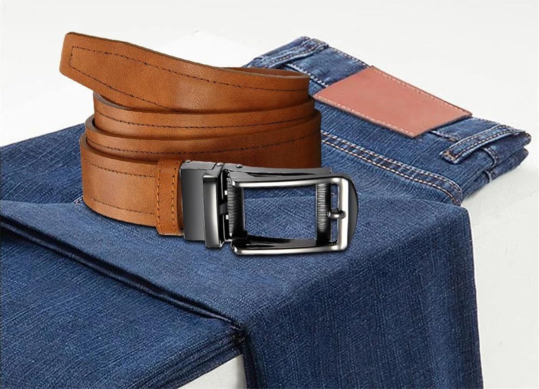 Yeuyyben Cinturón de trinquete de piel sintética para hombre con hebilla automática, cinturón de diseño casual de negocios, color negro y marrón