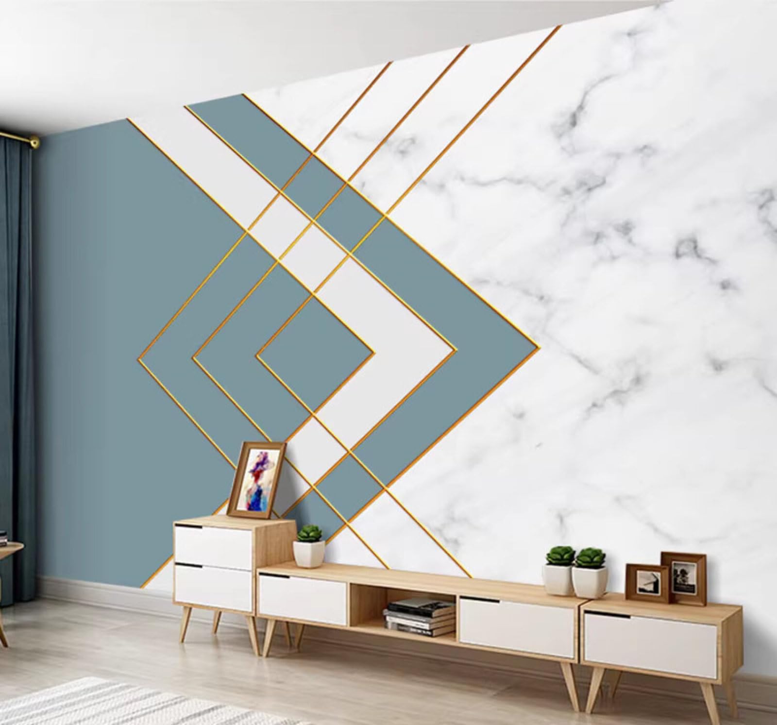 Wallpaper-3D-Xlm 400Cm×280Cm(B×H) Contemporary Luxury Geometric Gold Thread Faux Marble Pattern 3D Wallpaper Easy Install Feature Office Living Room Sofa Bedroom Tv Background Wall Decoration-400Cm×280Cm