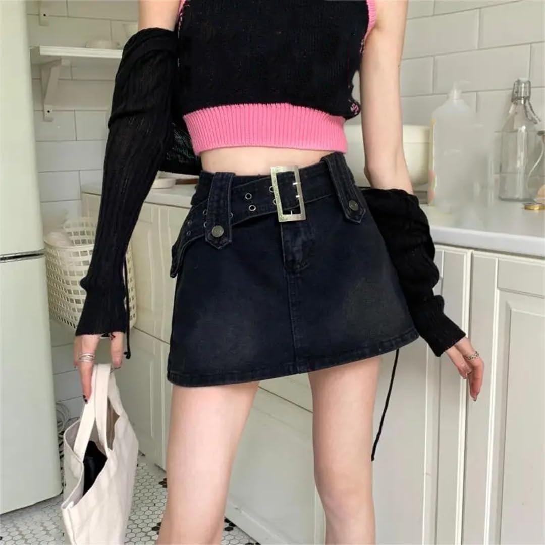 Gonna in denim da donna a vita alta con cintura, gonna corta, minigonna sottile