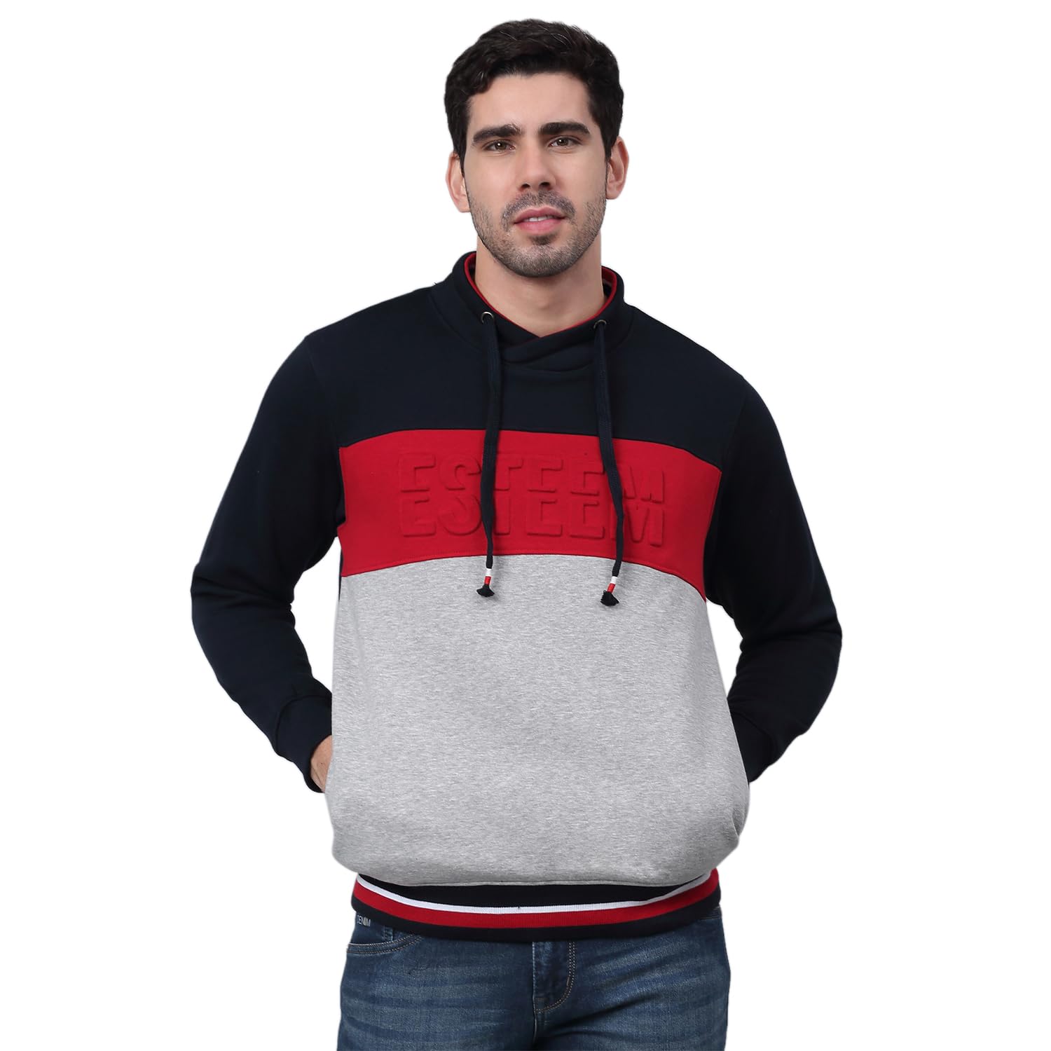 cantabil Color Block Grey Full Sleeves Mock Collar Regular Fit Men Casual Sweatshirt | Casual Winter Sweatshirts for Men | Mens Sweatshirts for Winter Wear (P_MSWS00109_Greymelange)-picture-10