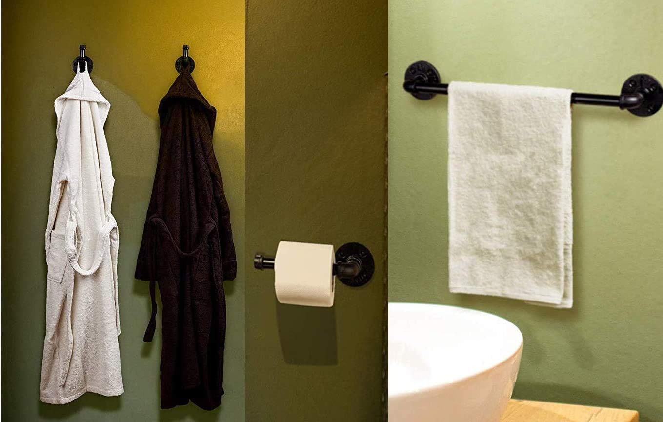 Industrial 3 Pieces Pipe Kit Includes 18" Towel Rack Robe Hook and Toilet Paper Holder Rustic Bathroom Hardware Set Farmhouse Wall Mounted Towel Bar Accessories for Bathroom