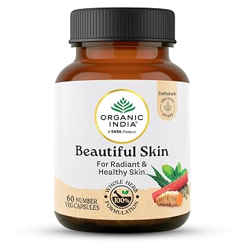 A TATA Product - Organic India Beautiful Skin Capsules - 60 Veg Caps, For Healthy, Radiant & Glow, Helps Rejuvenate Skin & Naturally Purify The Blood, GMP & NPOP Certified Organic
