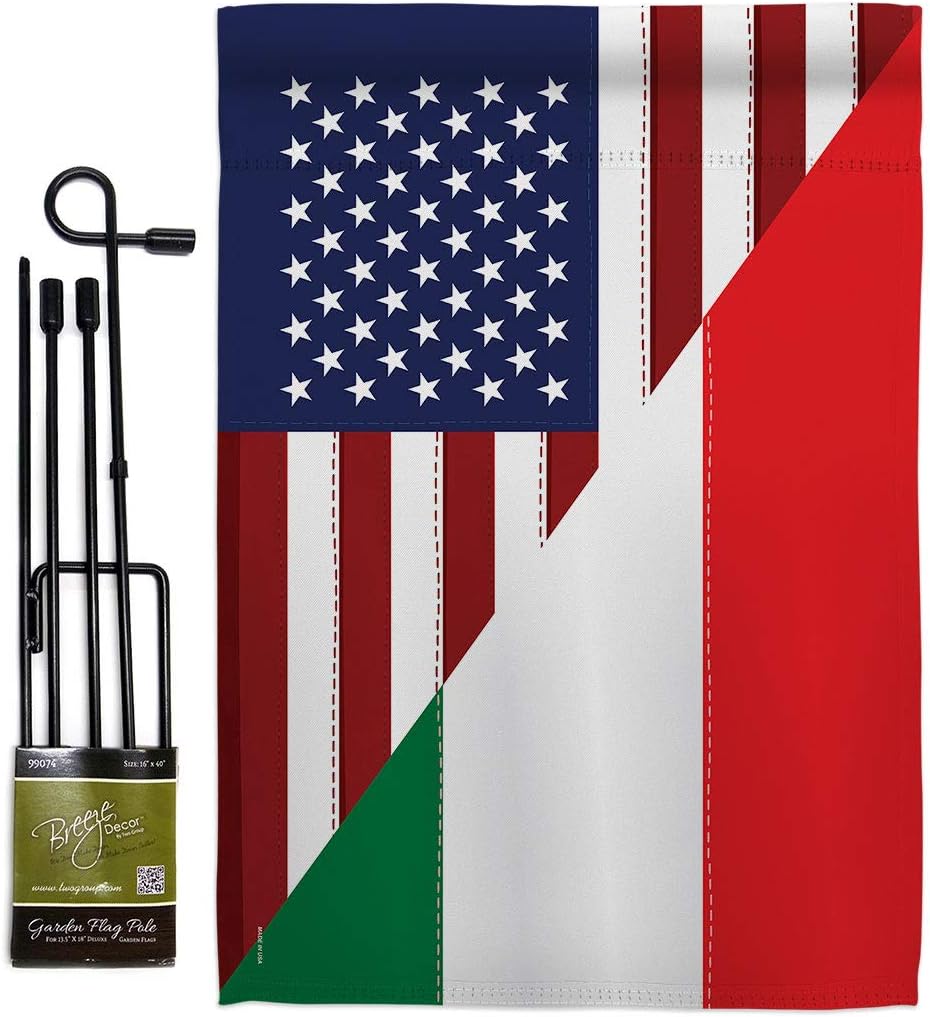 US Friendship Italian Garden Flag Set with Stand Regional USA American Alliance World Country Particular Area Small Decorative Gift Yard House Banner Double-Sided Made in 13 X 18.5