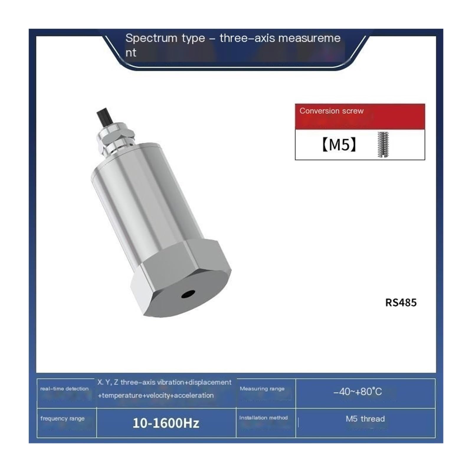 (Spektraltyp – Triaxial) RS485 Temperatur- und Schwingungssensor mit integrierter Weg- und Geschwindigkeitserkennung(Threaded Mounting 10-1600Hz)
