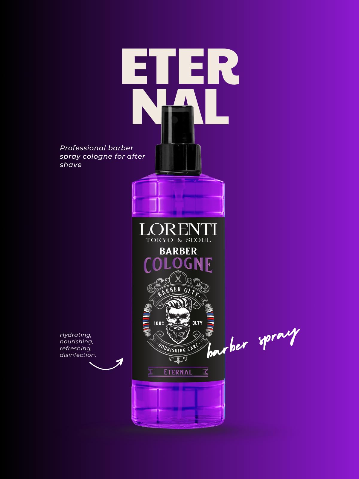 LORENTI TOKYO & SEOUL Barber Cologne ETERNAL 400 ml | spray po goleniu dla mężczyzn | woda zapachowa do golenia dla mężczyzn - Barber Eau de Cologne z praktycznym dozownikiem z pompką | orzeźwiający i