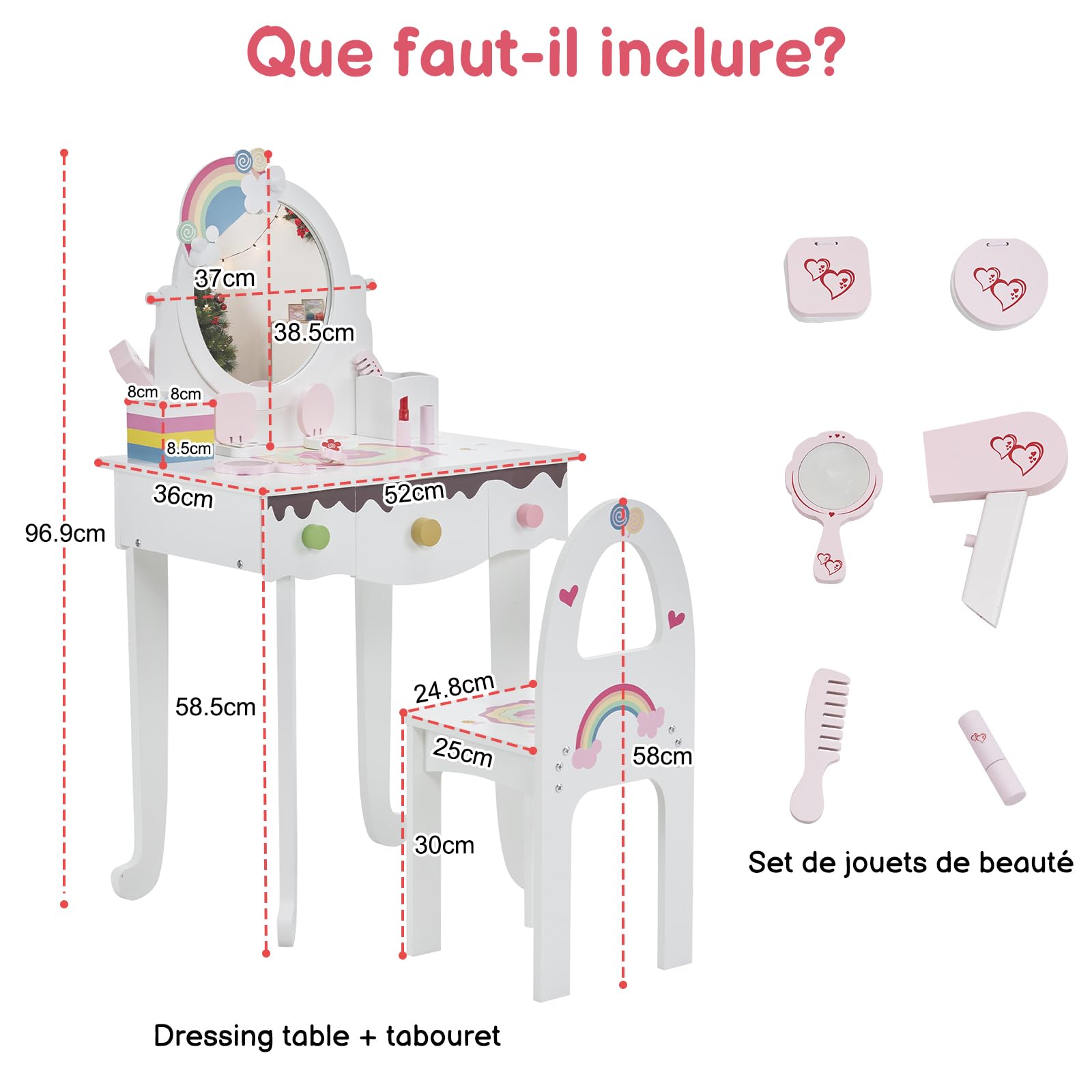 LALAHO Coiffeuse pour Enfants avec Miroir à Trois Volets, Tabouret et 7 Accessoires de Maquillage Jouet (Blanc)