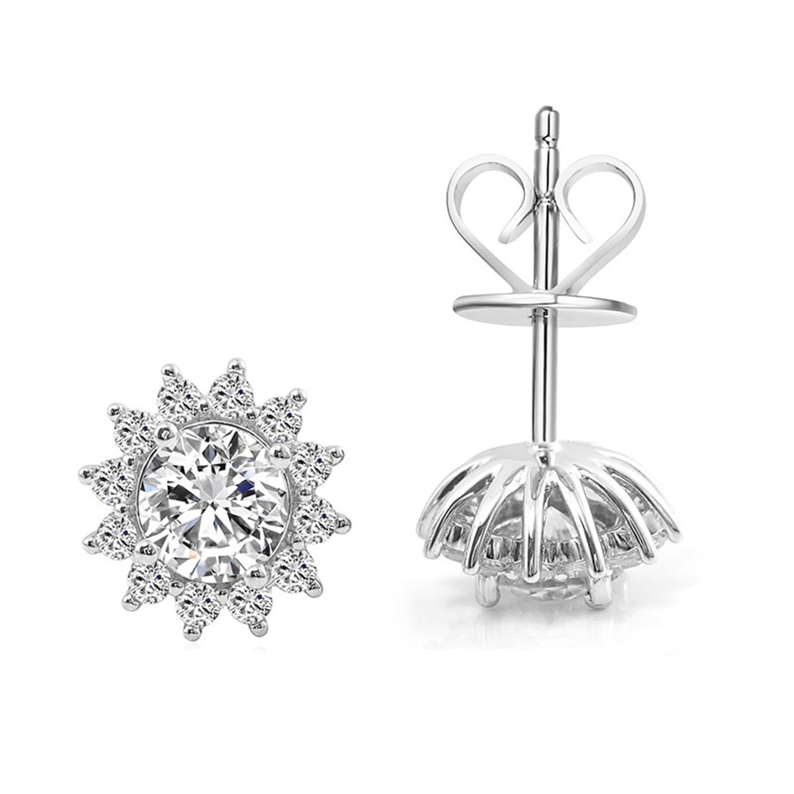 Pendientes Mujer Girasol con Moissanita de 0.5ct y Circonita, Oro Blanco 9K/14K/18K/Plata de Ley 925, Joyería Pendientes de Botón con Piedra