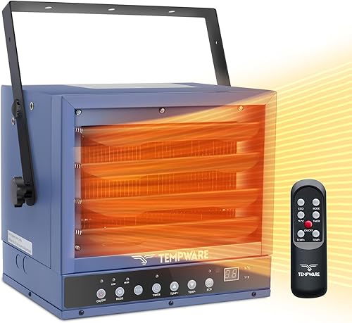 Calentador eléctrico para garaje de 5000 W, cableado de 240 V, de techo, con modo ecológico, cableado, control remoto de función completa y