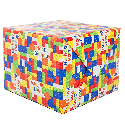 Image of Building Blocks Birthday Multicolor Paper Gift Wrap (76cm x 152cm) 1 Piece - Fun & Creative Wrapping Paper for Kids Present