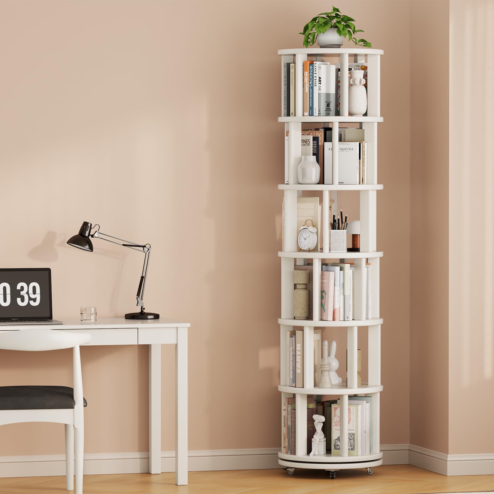 YQJJGL Drehbares Bücherregal, Massivholz, Standregal, 360 Grad, Bücherregal Kinder, für Wohnzimmer, Arbeitszimmer, Büro, 6 Ebenen (Weiß)