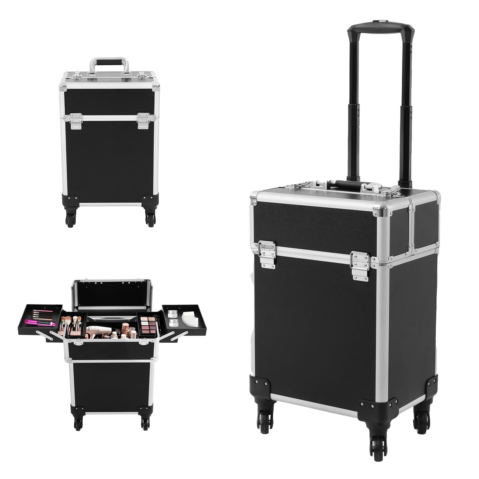 Maletín de maquillaje 3 en 1 con bandeja plegable y ruedas, multifuncional, grande, maletín de maquillaje para viajes, peluquerías, maquilladores, Negro , 24*34*47cm, moderno