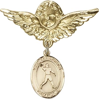 14kt Yellow Gold Baby Badge with St. Christopher/Football Charm and Angel w/Wings Badge Pin 1 1/8 X 1 1/8 inches