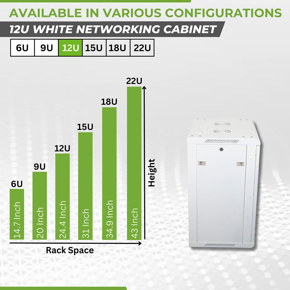 NavePoint 12U Network Cabinet with Glass Door – 12U Wall Mount Server Cabinet White 19” Rack for IT Equipment, AV Devices, Networking Equipment –17” Deep Server Rack Enclosure