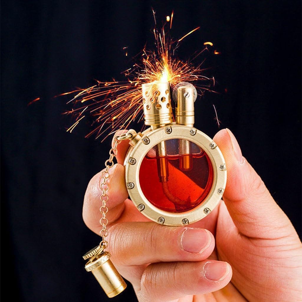 Handmade Classic Brass Kerosene Windproof Lighter with Glass Visible Fuel Tank, Heavy Duty Vintage Trench Antique Lighter Collectible Men's Gift(A)