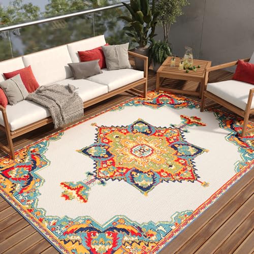 TAPISO Patio Teppich Outdoor Indoor Mehrfarbig Creme Ornament Muster Sisaloptik Strapazierfähig Wetterfest Wohnzimmer Terrasse ÖKO-TEX 80 x 150 cm