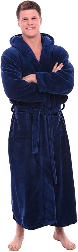 Alexander Del Rossa Men's Plush Fleece Hooded Bathrobe, Full Length Long Warm Lounge Robe with Hood