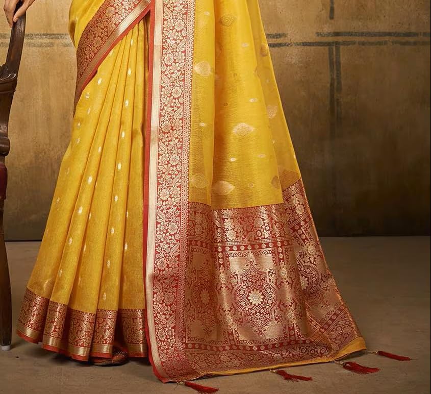 Pujia Mills Women Banarasi Woven Tissue Silk Saree With Zari Butta Work Indian Ethnic Wear Designer Wedding Saree 2025 Woven Golden Zari Border With Rich Pallu Soft Silk Saree Paithni Saree Yellow
