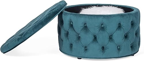 Miniatura 53 de Adeco Moderna silla otomana redonda de almacenamiento de 28 pulgadas, reposapiés otomano tapizado con botones con almacenamiento para sala de estar