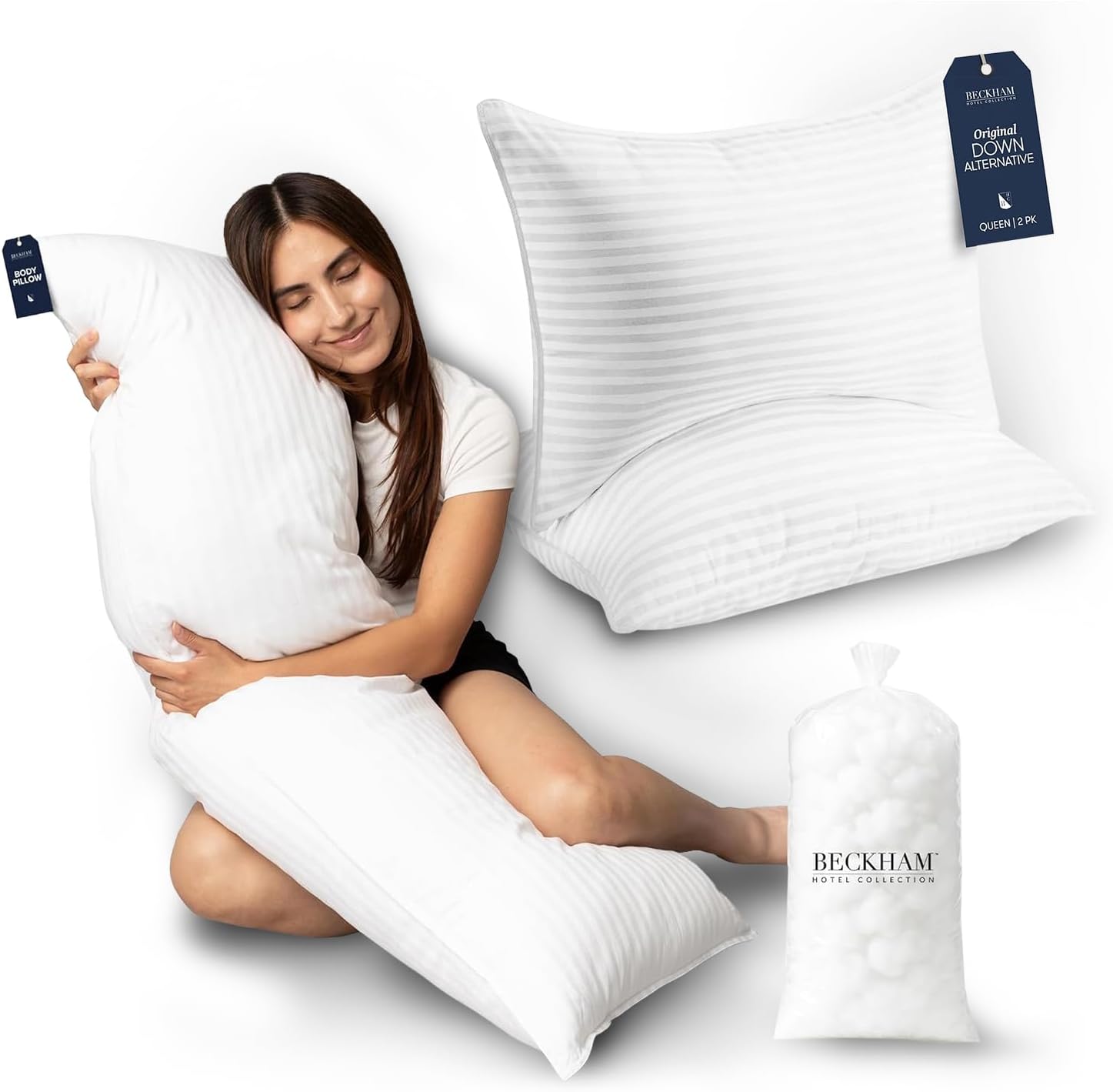 Beckham Hotel Collection Pillow Bundle – 2 Queen Size Bed Pillows + Customizable Body Pillow – Down Alternative, Cooling & Machine Washable – for Side, Back, Stomach & Maternity Sleepers