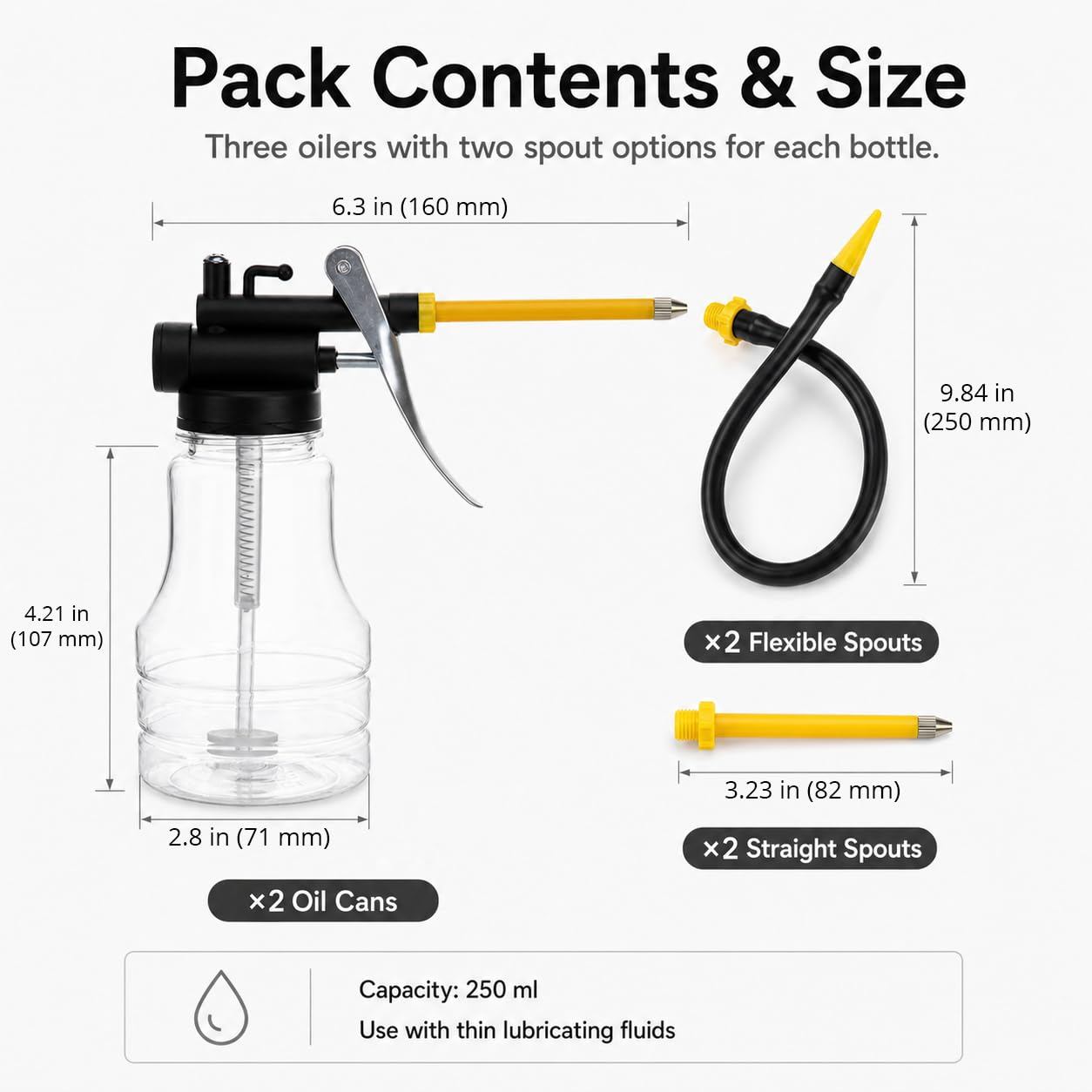QWORK 2 Pack 250ml Oil Can Pump Oiler with Transparent Body & Spout – Heavy Duty High Pressure Oiling Gun for Machinery, Automotive Maintenance, Clear Lubrication Tool