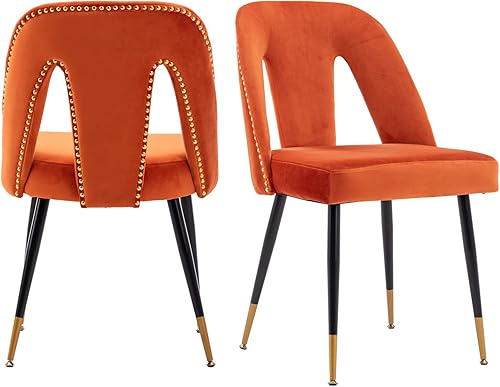 Miniatura 10 de Aoowow Juego de 2 sillas de comedor modernas, sillas laterales tapizadas de terciopelo con cabezas de clavos y patas de metal negro con punta dorada