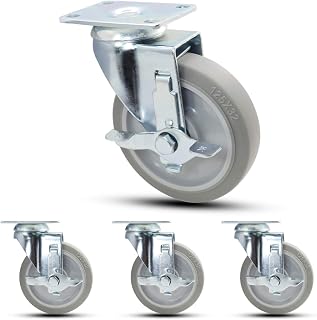 Casoter 5inch Swivel TPR Caster w/Metal Side Brake,Pack of 4,Top Plate Mounted w/Elastic Thermoplastic Rubber Wheel,Moving Smooth,Silent and Sturdy,Medium Duty 1000Lbs Total Load Capacity