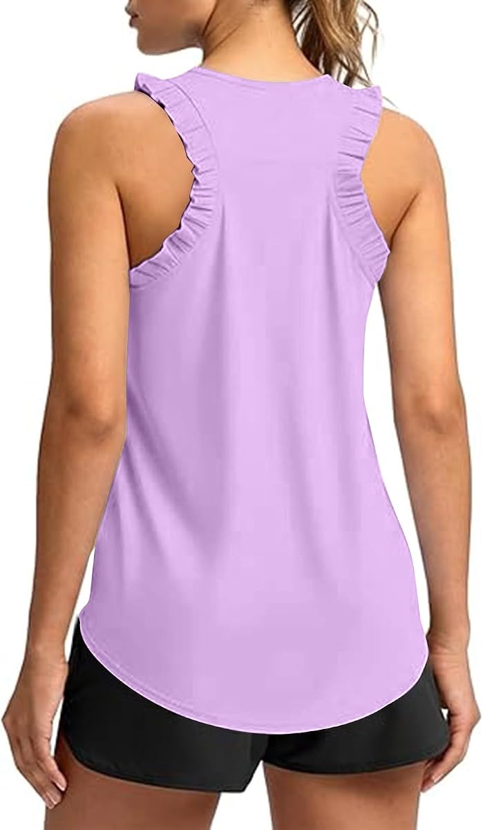 Camisetas sin mangas para entrenamiento de verano para mujer, con volantes, sin mangas, con espalda cruzada, informal, atlética, yoga, suelta, para correr, gimnasio