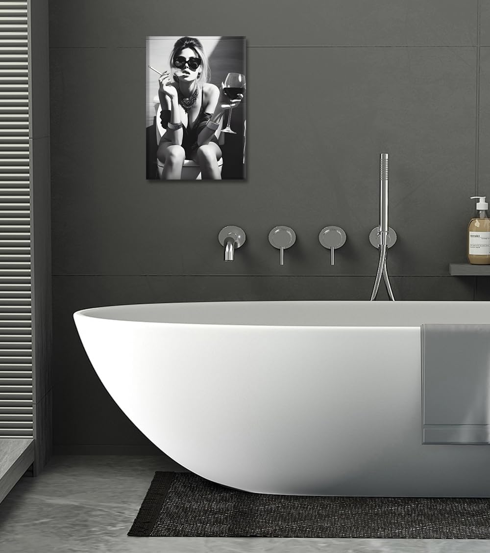Girl Smoking Painting on Canvas Wall Art Black and White Sexy Nude Posters and Prints for Home Decor Living Room Toilet Bathroom Bar, Framed 44L x 28W