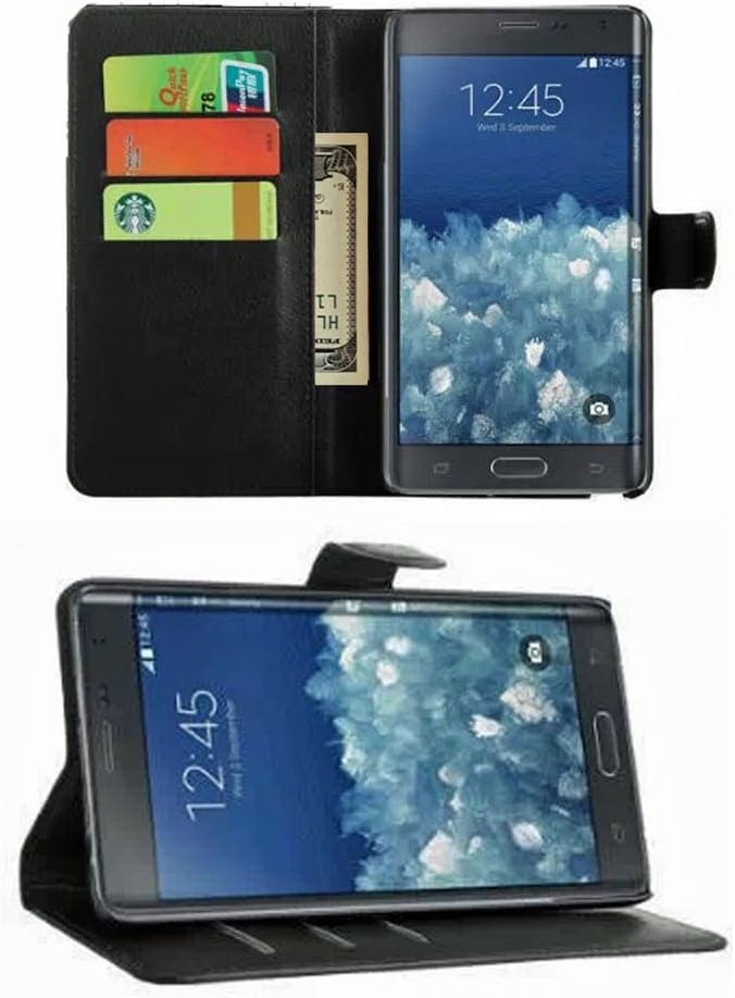 Note Edge Case for Samsung Galaxy SM-N915 Cell Phone Made of PU Faux Leather, Wallet Protects and Stores Cards ID and Money in Slots, Stand Folds Out for Hands Free Side Viewing, Magnetic Closure, Highest Quality and Perfect Fit for Note Edge Mobile Phone N915 N915A N915T N915P N915V Luxury Fashion Folio Holster Flip Cover, Available in Many Colors (Black)