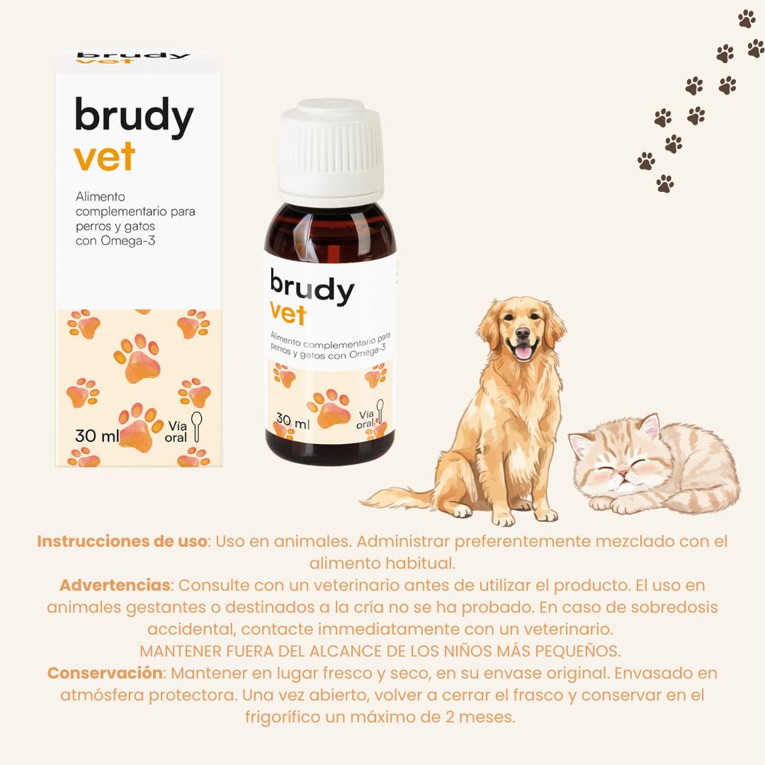 BRUDYLAB - Brudy Vet - Alimento Complementario para Perros y Gatos con Omega 3 - Aceite Vegetal, Aceite de Pescado y Vitamina E - Via Oral - 30 ml