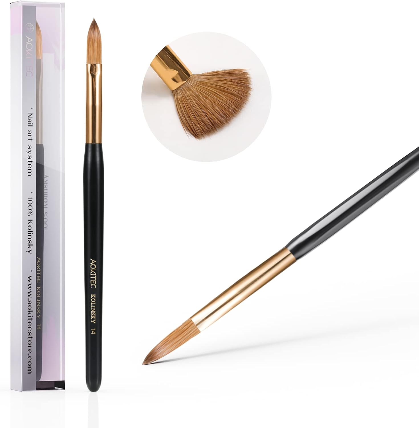 Aokitec 100% Kolinsky Sable Acrylic Nail Brush for Acrylic Powder, Nail Art Pens, Oval Pleated Wood Nail Brush,Polygel Brush Manicure Pedicure Tools (14#)