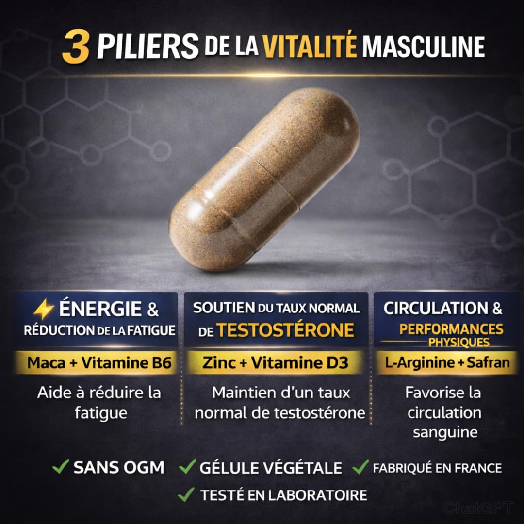 Testosté'Rock Booster Performance Homme | Soutien Taux de Testostérone & Musculation | Énergie, Vigueur & Vitalité | Maca, Zinc, Tribulus & Ashwagandha | 60 Gélules Fabriqué en France