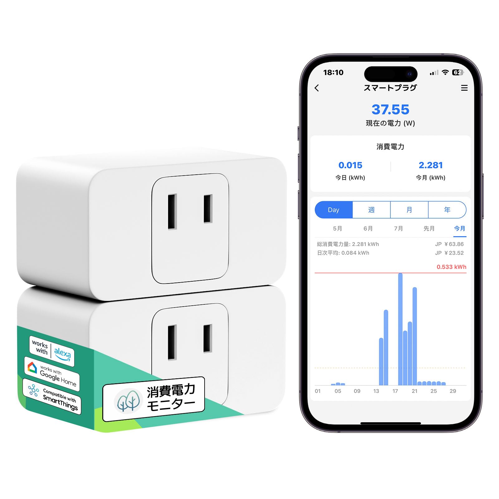 Meross スマートプラグ WiFiプラグ スマートコンセント 消費電力モニター 遠隔操作 音声コントロール タイマー機能 オフライン作業 ローカルコントロール 節電·省エネ ハブ不要 Alexa/Google Home/Smart Things対応 同じサイズのピン 延長コード・コンセントに接続可能 2個入り