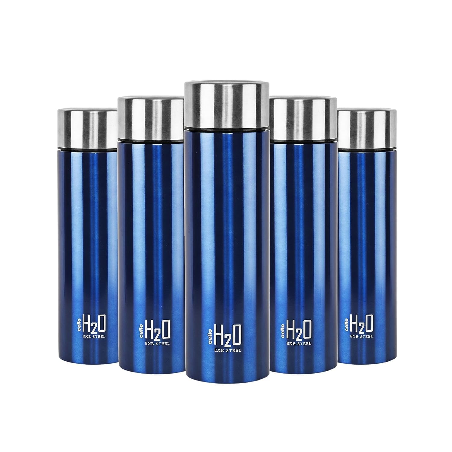 CELLO H2O Stainless Steel Water Bottle for Office & Daily Use Set of 5 Pcs, 1000 ml Blue | Single Wall Freezer & Fridge Safe, Lightweight Leakproof Rustproof Steel Water Bottle for School Gym Travel