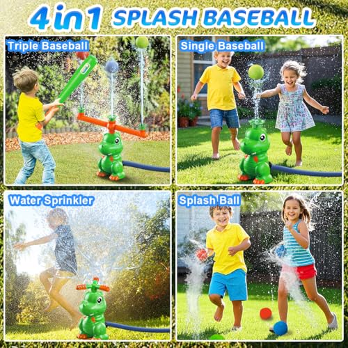 TERRAMUS 4-in-1 Dinosaur Water Sprinkler Baseball Toys,360° Spinning Water Play Game, Water Baseball, Water Splashing Toy for Kids Outdoor, Summer Backyard Lawn Pool Party Fun for Boys Girls (Green)