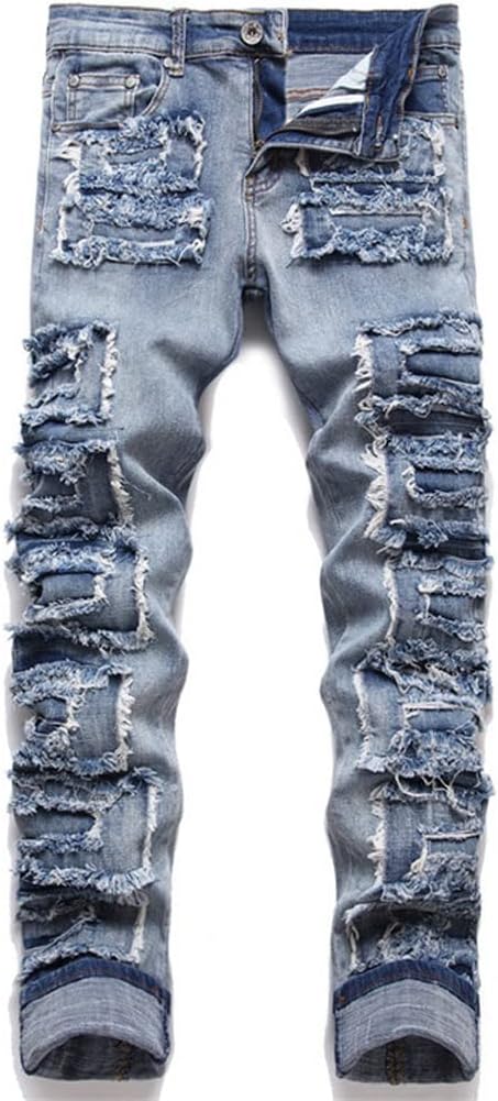 Punk Trend Hole Slim Stickers Biker Pencil Pants Mid-Waists Casual Men Clothing