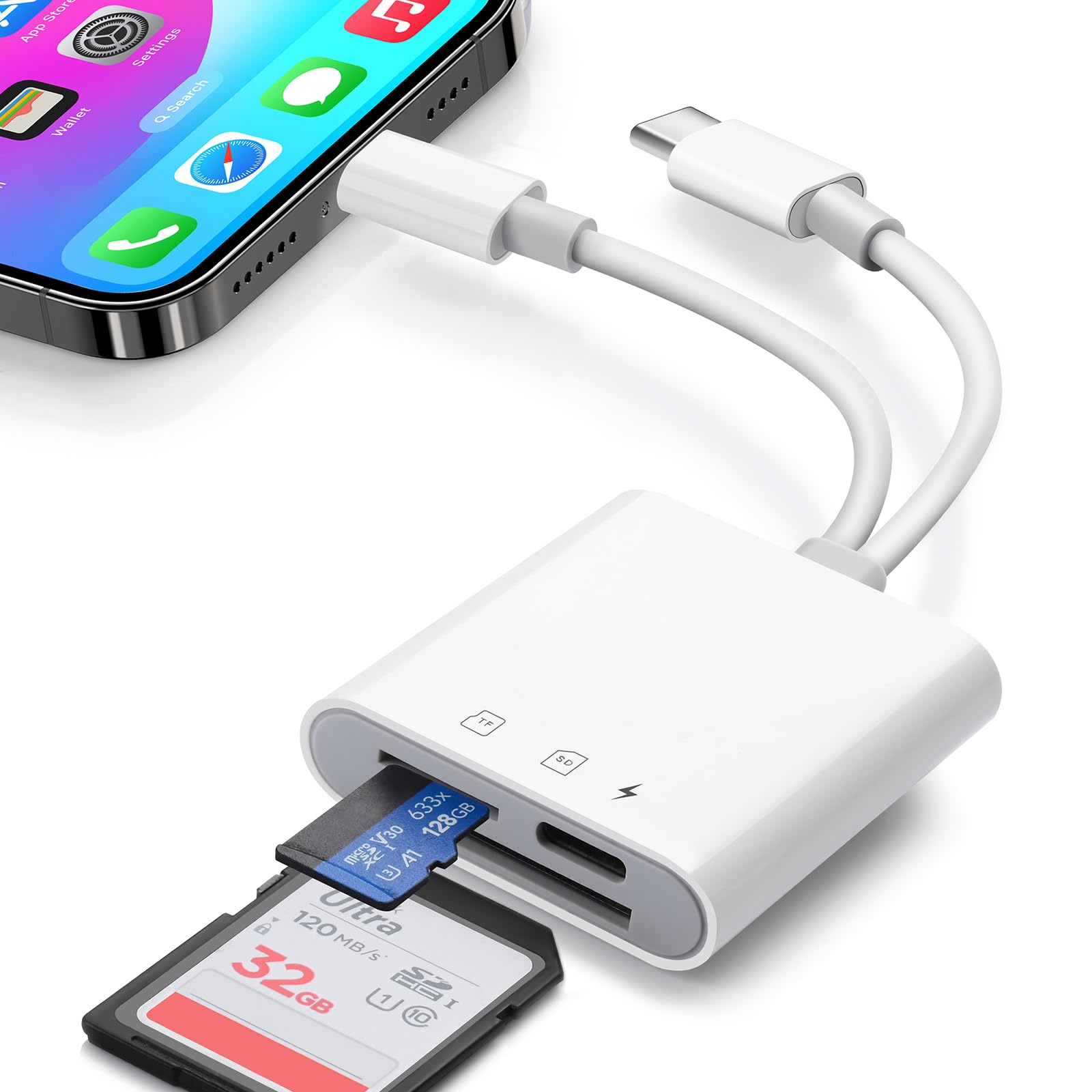 Photo 1 of SD Card Reader for iPhone 15 16 17 Android, WZDYFL Memory Card Reader with Charging and Dual Slot for TF/SD, iOS & TypeC Dual-Connector Card Reader for Photography, No App Required Plug and Play