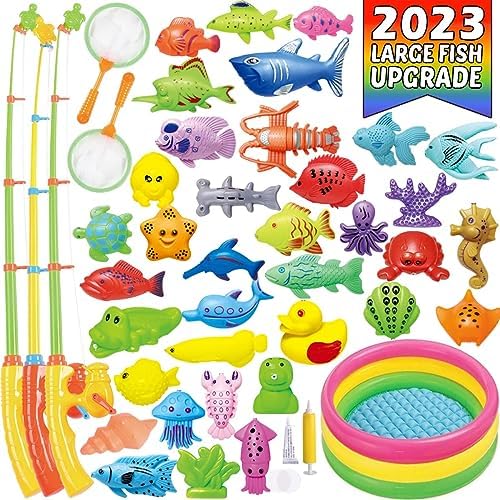 CozyBomB Magnetic Fishing Toys Game Set for Kids Water Table Bathtub Kiddie Pool Party with Pole Rod Net, Plastic Floating Fish-Toddler Color Ocean Sea Animals Age 3 4 5 6 Year